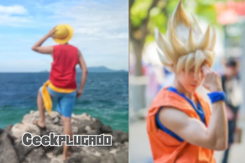 Imagem Mostra Dois Jovens Fazendo Cosplay de Personagens de Animes Famosos