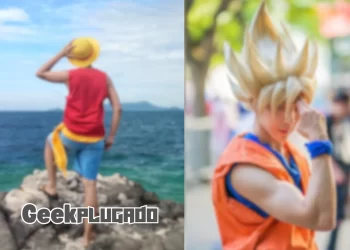 Imagem Mostra Dois Jovens Fazendo Cosplay de Personagens de Animes Famosos