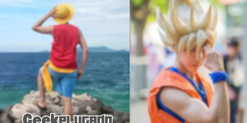 Imagem Mostra Dois Jovens Fazendo Cosplay de Personagens de Animes Famosos