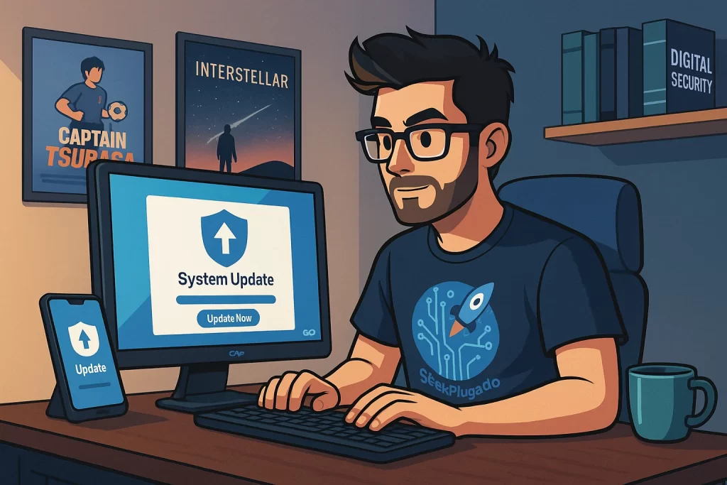 Geek usando computador com alerta de atualização na tela, simbolizando a importância das atualizações de segurança digital em um ambiente moderno