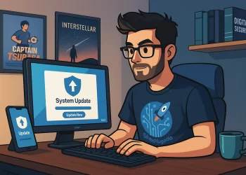 Geek usando computador com alerta de atualização na tela, simbolizando a importância das atualizações de segurança digital em um ambiente moderno