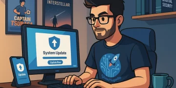 Geek usando computador com alerta de atualização na tela, simbolizando a importância das atualizações de segurança digital em um ambiente moderno